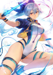Rule 34 | 1girl, blue bow, blue jacket, blue one-piece swimsuit, bow, breasts, closed mouth, competition swimsuit, dual wielding, energy sword, fate/grand order, fate (series), hair between eyes, hair bow, highleg, highleg swimsuit, highres, holding, jacket, large breasts, long hair, looking at viewer, mashuu (neko no oyashiro), one-piece swimsuit, ponytail, red eyes, sandals, short sleeves, silver hair, smile, swimsuit, sword, thigh strap, thighs, tomoe gozen (fate), tomoe gozen (swimsuit saber) (fate), tomoe gozen (swimsuit saber) (first ascension) (fate), two-tone swimsuit, water, weapon, white background, white one-piece swimsuit, wristband