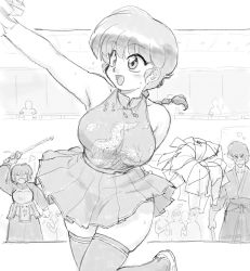 Rule 34 | braid, braided ponytail, breasts, cheerleader, chinese clothes, closed mouth, genderswap, genderswap (mtf), greyscale, highres, holding, japanese clothes, kunou tatewaki, large breasts, long hair, mage (harumagedon), medium breasts, monochrome, multiple boys, open mouth, pom pom (cheerleading), ranma-chan, ranma 1/2, single braid, skirt, smile, thighhighs