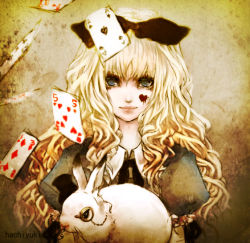 Rule 34 | 1girl, alice (alice in wonderland), alice in wonderland, blonde hair, blue eyes, blunt bangs, bow, card, curly hair, eyelashes, facial mark, floating card, hachiyuki, hair bow, hair ribbon, hat, heart, light smile, lips, long hair, looking at viewer, monocle, monocle chain, playing card, puffy sleeves, rabbit, ribbon, solo, top hat, wavy hair