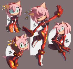 Rule 34 | adapted costume, alternate costume, amy rose, animal nose, artist name, blush, bodysuit, closed eyes, cosplay, full body, furry, furry female, green eyes, hair ornament, hairband, highres, interface headset, neon genesis evangelion, pilot suit, pink hair, plugsuit, red bodysuit, salute, smile, sonic (series), souryuu asuka langley (cosplay), zer0jenny