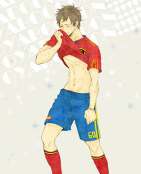 1boy 2010_fifa_world_cup abs axis_powers_hetalia brown_hair clothes_pull clothes_writing ikasummer male_focus midriff shirt_pull short_hair soccer socks solo spain_(hetalia) sportswear tan world_cup