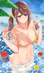 Rule 34 | 1girl, beach, bikini, blurry, blush, bottomless, breasts, brown hair, caustics, cleavage, collarbone, commentary request, cowboy shot, day, depth of field, female pubic hair, flower, hair ornament, hair scrunchie, hairclip, hands up, highres, large breasts, lens flare, looking at viewer, muka tsuku, navel, nipple slip, nipples, one side up, original, outdoors, palm leaf, parted lips, petals, plaid, plaid bikini, pubic hair, puffy nipples, pulled by self, purple eyes, revision, scrunchie, shade, shiny skin, sidelocks, solo, standing, strap pull, swimsuit, undressing, wading, water, yellow bikini
