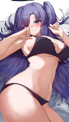 Rule 34 | 1girl, absurdres, alternate costume, armpits, bikini, black bikini, blue archive, blush, breasts, cleavage, commentary request, highres, large breasts, long hair, looking at viewer, navel, nonoka7221, partial commentary, purple eyes, purple hair, solo, stomach, swimsuit, two side up, very long hair, yuuka (blue archive)