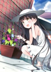 Rule 34 | 1girl, :d, black hair, brown eyes, chm (macharge), cloud, day, dress, dutch angle, flip-flops, flower, hat, long hair, morning glory, open mouth, original, plant, pointing, potted plant, sandals, sky, smile, solo, squatting, sun hat, sundress, very long hair, yellow eyes