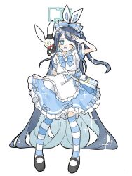 1girl ;d alice_(alice_in_wonderland) alice_(alice_in_wonderland)_(cosplay) alternate_costume animal_ear_hairband animal_ears apron aris_(blue_archive) arm_up bag black_footwear black_hair blue_archive blue_dress blue_eyes blue_ribbon blue_thighhighs bow colored_inner_hair commentary_request cosplay dress fake_animal_ears full_body hair_bow hairband halo light_blush long_hair mary_janes multicolored_hair name_connection neck_ribbon one_eye_closed one_side_up open_mouth rabbit_ear_hairband rabbit_ears repi_021931 ribbon salute satchel shoes short_sleeves simple_background smile solo sparkle sparkling_aura striped_clothes striped_thighhighs thighhighs two-tone_hair upper_body very_long_hair white_apron white_background white_rabbit_(alice_in_wonderland)