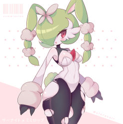 Rule 34 | 1girl, aliceyawnin, animal ears, artist name, barcode, bare shoulders, black pantyhose, blush, bob cut, breasts, character name, colored skin, covered navel, creatures (company), detached sleeves, english text, female focus, fusion, game freak, gardevoir, gen 3 pokemon, gen 4 pokemon, green hair, hair ornament, hair over one eye, highres, japanese text, leotard, looking to the side, lopunny, medium breasts, mega gardevoir, mega lopunny, mega pokemon, nintendo, open mouth, outline, pantyhose, pink background, pink outline, pokemon, pokemon (creature), rabbit ears, rabbit girl, rabbit tail, red eyes, shiny clothes, shiny skin, short hair, simple background, skindentation, solo, standing, strapless, strapless leotard, tail, thick thighs, thighs, torn clothes, torn pantyhose, translated, twitter username, two-tone background, watermark, white background, white leotard, white skin, wide hips