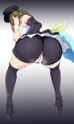Rule 34 | 1girl, absurdres, ass, ass focus, belt, bent over, boots, braid, breasts, censored, elbow gloves, feathers, female pubic hair, from behind, gloves, hat, high heels, highres, idolmaster, idolmaster shiny colors, kuwayama chiyuki, large breasts, long hair, looking at viewer, miniskirt, mosaic censoring, myanyuki h, nipples, no bra, open clothes, open shirt, pubic hair, pussy, shirt, shorts, skirt, sleeveless, sleeveless shirt, thigh boots, unzipped, zipper