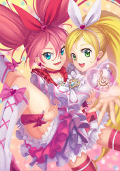 Rule 34 | 10s, 2girls, bad id, bad pixiv id, blonde hair, blue eyes, boots, bow, brooch, carrying, choker, cure melody, cure rhythm, frills, green eyes, heart, houjou hibiki, jewelry, knee boots, long hair, looking at viewer, magical girl, majicjiang, midriff, minamino kanade, multiple girls, pink bow, pink hair, precure, princess carry, ribbon, smile, suite precure, thighhighs, treble clef, twintails