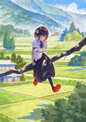 Rule 34 | 1girl, black hair, black pantyhose, black skirt, blue sky, branch, closed eyes, commentary request, fjsmu, full body, hat, highres, house, long skirt, looking down, mountain, no wings, outdoors, pantyhose, pom pom (clothes), puffy short sleeves, puffy sleeves, red footwear, red hat, shameimaru aya, shirt, short hair, short sleeves, sitting, sitting on branch, skirt, sky, solo, tokin hat, touhou, tree, white shirt