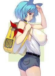 Rule 34 | 1girl, animal ears, ass, backpack, bag, bare shoulders, blue eyes, blue hair, breasts, commentary request, denim, denim shorts, highres, holding strap, huge breasts, kouno (masao), nipples, original, revision, see-through, short hair, short shorts, shorts, simple background, solo, white background