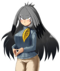 Rule 34 | 10s, 1girl, alternate costume, alternate hair length, alternate hairstyle, black hair, blonde hair, blush, breasts, fingers together, grey hair, hair between eyes, kemono friends, large breasts, long hair, long sleeves, looking at viewer, low ponytail, multicolored hair, pants, qoom, shoebill (kemono friends), side ponytail, simple background, smile, solo, standing, steepled fingers, sweater, turtleneck, turtleneck sweater, upper body, very long hair, white background, yellow eyes