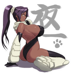 Rule 34 | 1girl, alternate breast size, arm support, armor, ass, ass focus, back, backless leotard, backless outfit, bare shoulders, black thighhighs, bleach, breast focus, breasts, butt crack, character name, dark-skinned female, dark skin, elbow gloves, gloves, handprint, high ponytail, highleg, highleg leotard, huge breasts, japanese text, kneeling, leaning back, leotard, long hair, looking at viewer, looking back, no bra, open clothes, parted lips, ponytail, presenting, puffy areolae, puffy nipples, scarf, shadow, shihouin yoruichi, shiny clothes, shiny skin, sideboob, simple background, sitting, smirk, smirk, solo, thighhighs, usatarou, wariza, white background, yellow eyes
