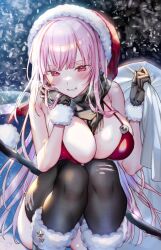Rule 34 | 1girl, alternate costume, bikini, blunt bangs, blush, boots, breasts, christmas, cleavage, dress, fur-trimmed dress, fur-trimmed headwear, fur trim, hat, highres, holding, holding sack, hololive, hololive english, kamiya maneki, large breasts, long hair, looking at viewer, mori calliope, open mouth, pink hair, red eyes, red hat, sack, santa bikini, santa boots, santa costume, santa hat, sidelocks, solo, straight hair, swimsuit, virtual youtuber