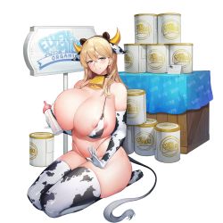 Rule 34 | 1girl, alternate hairstyle, animal ears, animal print, areola slip, baby bottle, bear ears, bell, bikini, blonde hair, blue eyes, bottle, breasts, cow ears, cow print, cow tail, cowbell, elbow gloves, english text, extra ears, frigga (last origin), full body, gigantic breasts, gloves, grin, hair between eyes, hair down, highres, huge breasts, jam (nandade), lap pillow invitation, last origin, long hair, micro bikini, mole, mole under mouth, neck bell, official art, seiza, signpost, sitting, smile, solo, swimsuit, tachi-e, tail, thighhighs, transparent background