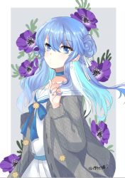 Rule 34 | 1girl, blue bow, blue choker, blue eyes, blue hair, blue nails, bow, cardigan, choker, commentary request, floral background, flower, grey background, grey cardigan, hair between eyes, hair bun, hand up, hololive, hoshimachi suisei, hoshimachi suisei (school uniform), long hair, long sleeves, looking at viewer, lunacats, multicolored hair, nail polish, open cardigan, open clothes, pleated skirt, purple flower, sailor collar, school uniform, serafuku, shirt, side bun, single hair bun, single side bun, skirt, solo, star (symbol), star in eye, symbol in eye, twitter username, two-tone background, two-tone hair, unmoving pattern, virtual youtuber, white background, white sailor collar, white serafuku, white shirt, white skirt