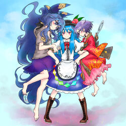 Rule 34 | 3girls, apron, barefoot, black headwear, blue bow, blue eyes, blue hair, blue skirt, blush, boots, bow, bowtie, brown footwear, carbohydrate (asta4282), center frills, collared shirt, double arm hug, frills, full body, girl sandwich, hair bow, hands on own hips, highres, hinanawi tenshi, japanese clothes, kimono, knee boots, legs apart, long hair, looking at viewer, multiple girls, nail polish, needle, puffy short sleeves, puffy sleeves, purple eyes, purple hair, rainbow order, red bow, red bowtie, red eyes, red kimono, sandwiched, sewing needle, shirt, short hair, short sleeves, skirt, smile, sukuna shinmyoumaru, toenail polish, toenails, touhou, very long hair, waist apron, waist bow, white shirt, yorigami shion