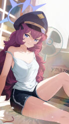 Rule 34 | 1girl, absurdres, amazon (company), bare arms, bare legs, bare shoulders, black hat, black shorts, blue archive, blue eyes, blush, box, brand name imitation, breasts, camisole, closed mouth, collarbone, feet out of frame, hair between eyes, halo, hat, highres, indoors, iroha (blue archive), leg up, long hair, looking at viewer, medium breasts, mole, mole on neck, off shoulder, ryeon (bluetom1), shorts, sitting, smile, solo, spaghetti strap, strap slip, thighs, white camisole