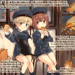 Rule 34 | 2girls, animal, black headwear, blonde hair, blue eyes, blue headwear, brown eyes, brown hair, cat, colored pencil (medium), commentary request, dated, eating, food, hat, holding, holding food, kantai collection, kirisawa juuzou, long sleeves, multiple girls, numbered, sailor hat, short hair, traditional media, translation request, twitter username, z1 leberecht maass (kancolle), z3 max schultz (kancolle)