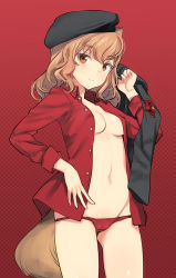 Rule 34 | 1girl, 504th joint fighter wing, 504th joint fighter wing (emblem), animal ears, beret, black hat, black jacket, breasts, breasts apart, brown eyes, brown hair, cowboy shot, fernandia malvezzi, hat, jacket, jacket over shoulder, long sleeves, looking at viewer, lowleg, lowleg panties, marmot ears, marmot girl, marmot tail, navel, no bra, no pants, open clothes, open shirt, panties, red background, red panties, red shirt, shimada fumikane, shirt, small breasts, smile, solo, standing, strike witches: kurenai no majo-tachi, tail, unbuttoned, underwear, unworn jacket, world witches series