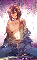 Rule 34 | 10s, 1boy, absurdres, ahoge, androgynous, bad id, bad pixiv id, belt, highres, leaf, long hair, looking at viewer, male focus, military, military uniform, namazuo toushirou, nipples, off shoulder, open clothes, open shirt, partially undressed, plant, ponytail, purple eyes, ripples, shiozakana, shirt, smile, solo, topless male, touken ranbu, uniform, water