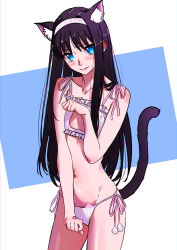 Rule 34 | 1girl, absurdres, alternate costume, animal ear fluff, animal ears, black hair, blue eyes, blush stickers, bra, cat cutout, cat ear panties, cat ears, cat lingerie, cat tail, cleavage cutout, closed mouth, clothing cutout, collarbone, commentary, english commentary, flat chest, frilled bra, frills, fukou, hairband, highres, kemonomimi mode, lingerie, long hair, looking at viewer, meme attire, navel, panties, pink bra, pink panties, side-tie panties, solo, stomach, tail, tohno akiha, tsukihime, underwear, white hairband