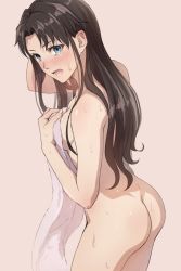 Rule 34 | 1girl, arm up, ass, blue eyes, blush, breasts, brown hair, closed eyes, commentary request, covering privates, covering breasts, covering one breast, cowboy shot, cropped torso, embarrassed, fate/stay night, fate (series), from side, grey towel, hand on another&#039;s ass, hand on own chest, hand up, highres, holding, holding towel, hug, hug from behind, long hair, looking at viewer, looking back, lower teeth only, medium breasts, mondi hl, naked towel, navel, nude, nude cover, open mouth, parted bangs, sideboob, simple background, solo, speech bubble, standing, teeth, tohsaka rin, towel, translation request, two side up, wet, wet hair