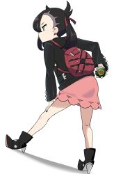 Rule 34 | 1girl, absurdres, ankle boots, asymmetrical bangs, backpack, bag, black footwear, black hair, black jacket, boots, closed eyes, commentary, creatures (company), dress, dusk ball, earrings, frown, game freak, green eyes, hair ribbon, hand on own knee, highres, holding, holding poke ball, jacket, jewelry, leaning forward, marnie (pokemon), medium hair, nintendo, noeru (yuiitsu tarashimeru), pink dress, pointy footwear, poke ball, pokemon, pokemon swsh, red ribbon, ribbon, short dress, simple background, solo, standing, undercut, white background