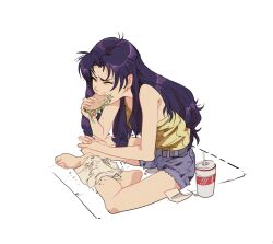 Rule 34 | 1girl, bare shoulders, barefoot, breasts, closed eyes, commentary, cup, disposable cup, drinking straw, eating, english commentary, fingernails, food, hands up, holding, holding food, katsuragi misato, long hair, medium breasts, neon genesis evangelion, phil dragash, purple hair, purple shorts, shorts, sidelocks, simple background, sitting, solo, taco, tank top, toenails, v-shaped eyebrows, white background, yellow tank top