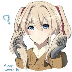 Rule 34 | 1girl, ?, alternate hairstyle, artist name, blonde hair, blue eyes, brown jacket, chinese commentary, closed mouth, commentary, commentary request, dated, facing viewer, hair between eyes, hair ribbon, hands up, highres, jacket, light blush, long sleeves, looking at viewer, mican12996453, mixed-language commentary, portrait, prosthesis, prosthetic hand, red ribbon, ribbon, simple background, solo, twintails, violet evergarden, violet evergarden (series), white background