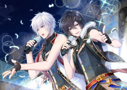Rule 34 | 2boys, :d, black gloves, black hair, blue eyes, character request, dutch angle, feathers, fingerless gloves, from below, gloves, granblue fantasy, hair between eyes, holding, holding microphone, index finger raised, jiman, looking at viewer, microphone, multiple boys, music, night, open mouth, outdoors, red eyes, sandalphon (granblue fantasy), shingeki no bahamut, silver hair, singing, sky, sleeveless, smile, stage, star (sky), starry sky, white feathers