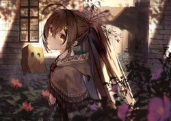 Rule 34 | 1girl, 1other, absurdres, ahoge, backlighting, black hair, blurry, blurry foreground, brick wall, brown capelet, brown cloak, brown hair, capelet, cloak, commentary, dappled sunlight, expressionless, feather hair ornament, feathers, flower, friend (nanashi mumei), gloves, hair between eyes, hair ornament, hairclip, hieroglyphics, highres, hololive, hololive english, light frown, long hair, looking at viewer, multicolored hair, muted color, nanashi mumei, nanashi mumei (1st costume), outdoors, partially fingerless gloves, pink flower, ponytail, shadow, shirt, sidelocks, streaked hair, sunlight, upper body, very long hair, virtual youtuber, white hair, white shirt, window, yellow eyes, yu hydra