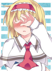 Rule 34 | 1girl, alice margatroid, ascot, bad id, bad pixiv id, blonde hair, blush, capelet, commentary request, covering own eyes, hairband, hammer (sunset beach), open mouth, short hair, solo, striped, striped background, touhou, upper body