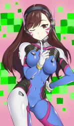 Rule 34 | 1girl, armor, bodysuit, breasts, brown eyes, brown hair, contrapposto, covered navel, d.va (overwatch), facial mark, finger to own chin, gloves, hand on own hip, hand up, headphones, heinz ox, high collar, highres, large breasts, long hair, looking at viewer, one eye closed, overwatch, overwatch 1, pilot suit, skin tight, solo, standing, swept bangs, whisker markings, white gloves