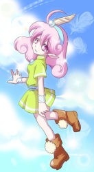 Rule 34 | 1girl, aya tsudi, bad id, bad pixiv id, boots, curly hair, day, feathers, female focus, full body, hairband, nintendo, panel de pon, pink eyes, pink hair, pointy ears, short hair, skirt, sky, smile, solo, windy (panel de pon), wrist cuffs