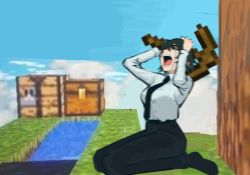Rule 34 | 1girl, black hair, black pants, blue sky, blurry, blurry foreground, breasts, chainsaw man, collared shirt, crying, eyepatch, facing up, grass, hands on own head, highres, himeno (chainsaw man), holding, holding pickaxe, kneeling, large breasts, liowig, meme, minecraft, minecraft pickaxe, obsidian (gemstone), on grass, open mouth, pants, pickaxe, shirt, shirt tucked in, short hair, sky, solo, tears, tree, water, white shirt
