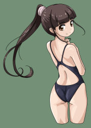 Rule 34 | 1girl, ass, bad id, bad pixiv id, black one-piece swimsuit, blunt bangs, brown eyes, brown hair, competition swimsuit, cowboy shot, from behind, gluteal fold, green background, hair ornament, long hair, looking at viewer, looking back, one-piece swimsuit, original, pink scrunchie, rohitsuka, scrunchie, simple background, smile, solo, swimsuit