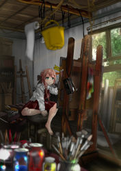 Rule 34 | 1girl, akigumo (kancolle), allez0525, barefoot, blurry, blush, brown hair, bucket, canvas (object), depth of field, full body, green eyes, hair ribbon, indoors, kantai collection, light rays, mole, mole under eye, paintbrush, painting (action), pleated skirt, ponytail, radio, ribbon, school uniform, skirt, solo, stool, wide shot, wooden floor