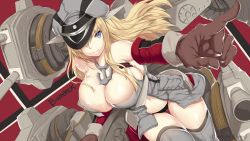 Rule 34 | 10s, 1girl, bare shoulders, bismarck (kancolle), black panties, blonde hair, blue eyes, breasts, cleavage, detached sleeves, gloves, grey thighhighs, hat, hat over one eye, hews, huge breasts, kantai collection, long hair, looking at viewer, military, military hat, military uniform, navel, panties, peaked cap, personification, pointing, solo, thigh gap, thighhighs, thighs, torn clothes, underwear, uniform