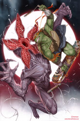 Rule 34 | 1boy, battle, comic cover, copyright request, crossover, demogorgon, fighting, highres, holding, holding nunchaku, holding weapon, in-hyuk lee, jaws, male focus, mask, michelangelo (tmnt), monster, nunchaku, official art, open mouth, reptile boy, stranger things, teenage mutant ninja turtles, teenage mutant ninja turtles x stranger things, teeth, turtle, weapon, western comics (style)