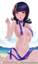 Rule 34 | 1girl, areola slip, black hair, blue eyes, blue ribbon, blunt bangs, blush, breasts, censored, censored nipples, collarbone, convenient censoring, fate/grand order, fate/requiem, fate (series), helloimtea, highres, jewelry, long sleeves, looking at viewer, magatama, magatama hair ornament, medium breasts, medium hair, multicolored hair, navel, nude, ocean, open mouth, pink hair, ribbon, shore, solo, streaked hair, thighs, utsumi erice, wet, white background