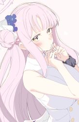 Rule 34 | 1girl, bare shoulders, blue archive, blunt bangs, blush, breasts, closed mouth, dress, flower, hair bun, hair flower, hair ornament, halo, highres, large breasts, long hair, looking at viewer, low wings, mika (blue archive), nekoume, pink background, pink hair, purple flower, scrunchie, simple background, single side bun, sleeveless, sleeveless dress, solo, upper body, very long hair, wings, wrist scrunchie, yellow eyes