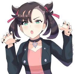 Rule 34 | 1girl, :o, black choker, black hair, black jacket, black nails, blush, choker, claw pose, creatures (company), dress, game freak, gao, green eyes, hair ribbon, hands up, highres, jacket, marnie (pokemon), medium hair, nail polish, nintendo, open mouth, pendant choker, pink dress, pokemon, pokemon swsh, red ribbon, ribbon, simple background, solo, spyg, twintails, two side up, upper body, v-shaped eyebrows, white background
