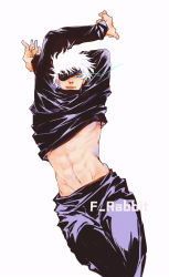 Rule 34 | 1boy, abs, arms up, artist name, black blindfold, black jacket, black pants, blindfold, blindfold lift, blue eyes, clothes lift, commentary request, f rabbit, gojou satoru, high collar, highres, jacket, jacket lift, jujutsu kaisen, long sleeves, looking at viewer, male focus, navel, one eye covered, pants, parted lips, short hair, smile, solo, toned, toned male, white background, white hair