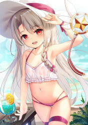 Rule 34 | 1girl, :d, arm up, armpits, bare arms, bare shoulders, bikini, blue hawaii, braid, breasts, collarbone, commentary, cowboy shot, fate/kaleid liner prisma illya, fate (series), food, fruit, hat, illyasviel von einzbern, lemon, lemon slice, long hair, looking at viewer, mismatched bikini, multi-strapped bikini, navel, open mouth, pink bikini, red eyes, revision, side braid, silver hair, small breasts, smile, solo, standing, stomach, sun hat, swimsuit, thigh strap, thighs, tropical drink, very long hair, white bikini, white hat, wristband, yan (nicknikg)