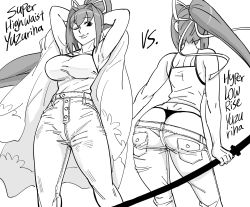 Rule 34 | 1girl, armpits, arms behind head, ass, bb (baalbuddy), breasts, closed mouth, coat, coat on shoulders, commentary, denim, dimples of venus, english commentary, english text, greyscale, hair ribbon, hands up, high-waist pants, highres, holding, holding sword, holding weapon, jeans, katana, large breasts, long hair, looking at viewer, lowleg, lowleg pants, monochrome, multiple views, one eye closed, pants, ponytail, ribbon, shirt, simple background, smile, smug, standing, sword, thong, under night in-birth, weapon, whale tail (clothing), white background, yuzuriha (under night in-birth)