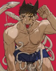 Rule 34 | 1boy, abs, animal ears, bad id, bad twitter id, bara, black male underwear, boxers, bulge, cat ears, extra eyes, facial mark, feet out of frame, highres, leaning forward, male focus, male underwear, monster boy, muscular, muscular male, navel, nipples, original, pectorals, red eyes, saliva, short hair, sideburns, solo, stomach, tail, tentacles, tentacles on male, tentacles under clothes, thighs, tongue, tongue out, topless male, underwear, underwear only, uza (hellme)