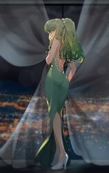 Rule 34 | 1girl, anklet, ass, breasts, c.c., cityscape, cleavage, code geass, creayus, curtains, dress, full body, green dress, green hair, hairband, high heels, highres, jewelry, long hair, looking at viewer, medium breasts, night, night sky, shoes, sky, solo, star (sky), white footwear, white hairband, window, yellow eyes