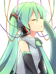 Rule 34 | 1girl, cable, closed eyes, detached sleeves, green hair, hatsune miku, headphones, long hair, necktie, reki (arequa), simple background, solo, twintails, vocaloid, white background