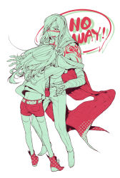 Rule 34 | 1boy, 1girl, bad id, bad pixiv id, bandages, barefoot, belt, camera, cape, english text, green theme, hetero, hood, hooded, hug, jotman, long hair, looking at another, looking down, midriff, multiple monochrome, open mouth, red theme, scp-076-2, scp-105, scp foundation, shorts, simple background, tattoo, thighhighs, white background, zettai ryouiki