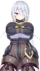 Rule 34 | 1girl, arm under breasts, atelier (series), atelier ryza, atelier ryza 1, belt, blue belt, blue eyes, blush, bodysuit, breasts, brown bodysuit, cowboy shot, crossed bangs, hair ornament, hair over one eye, hairclip, highres, hood, hooded vest, hoodie, jakko, large breasts, leather belt, lila decyrus, long hair, looking at viewer, low twintails, open mouth, pale skin, solo, twintails, vest